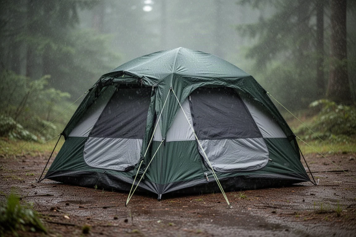 Two-person camping tent with green and grey rainfly pitched in a damp forest clearing