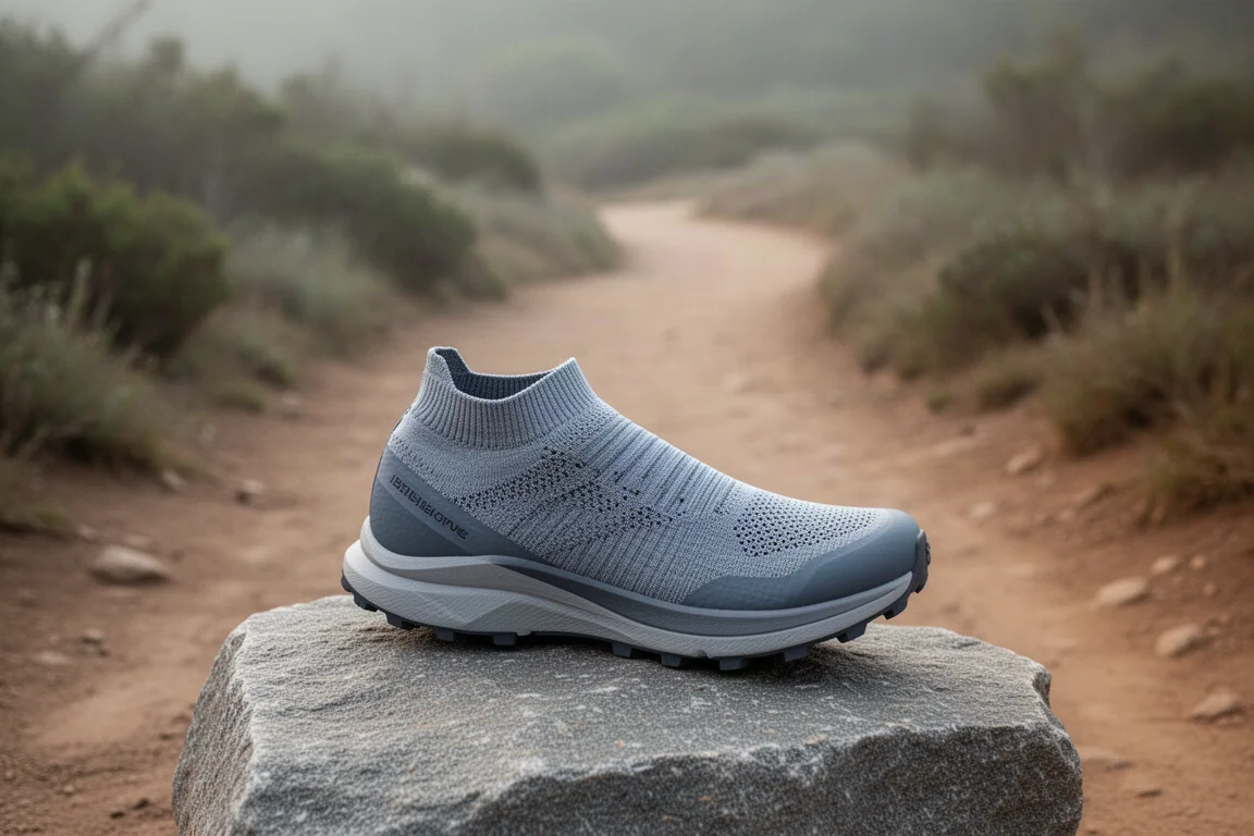 Tênis de trail running com cabedal em tricô estilo meia apoiado sobre uma pedra na trilha