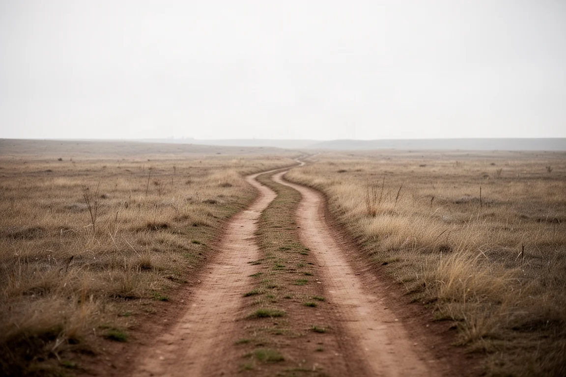 Trilha de terra batida serpenteando por um campo seco