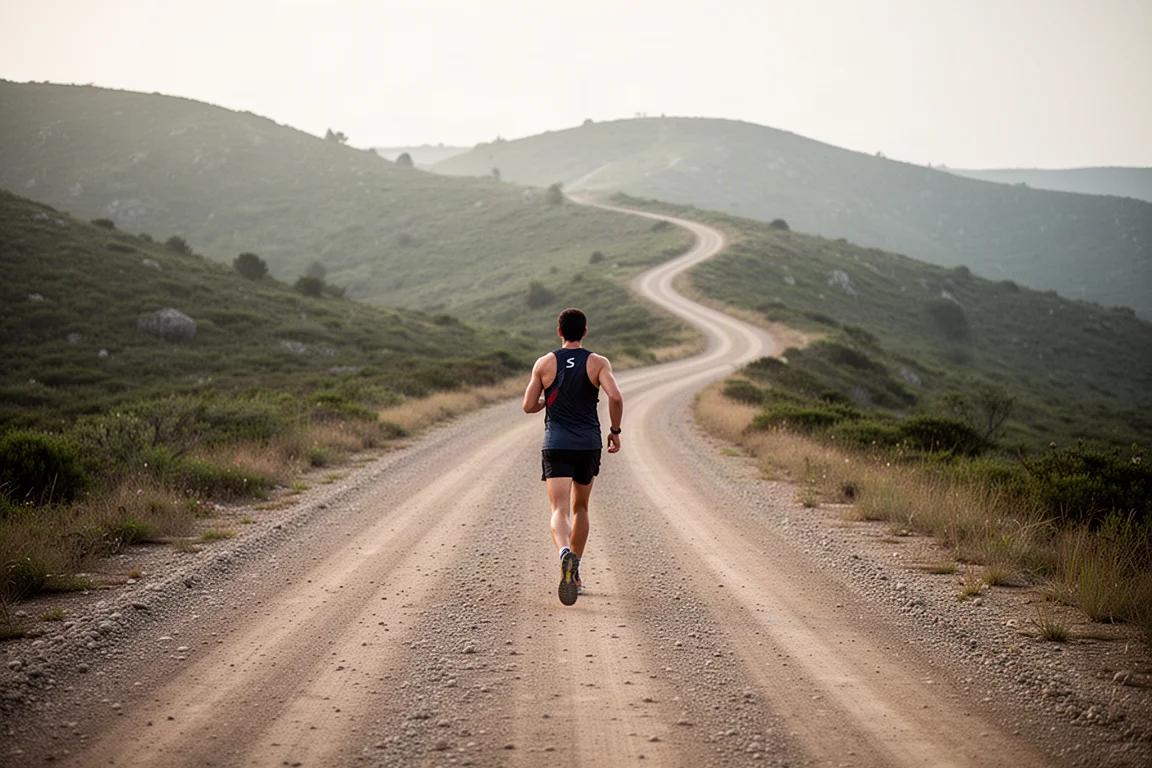 Trail runner standing on a gravel fire road surrounded by hills