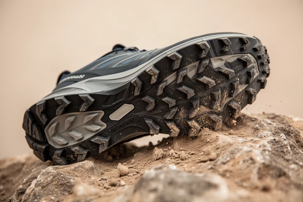 Close-up of a lugged trail shoe outsole on rough rocky terrain