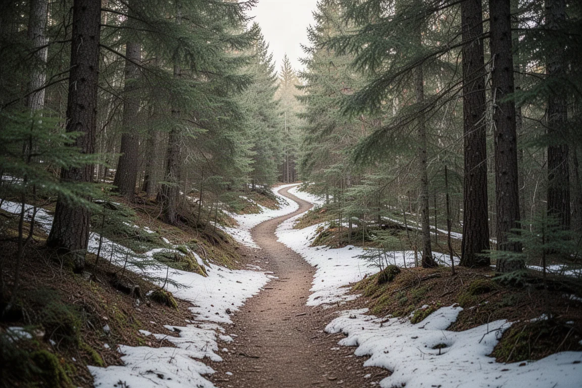 Trail with patches of snow winding up a forested mountain