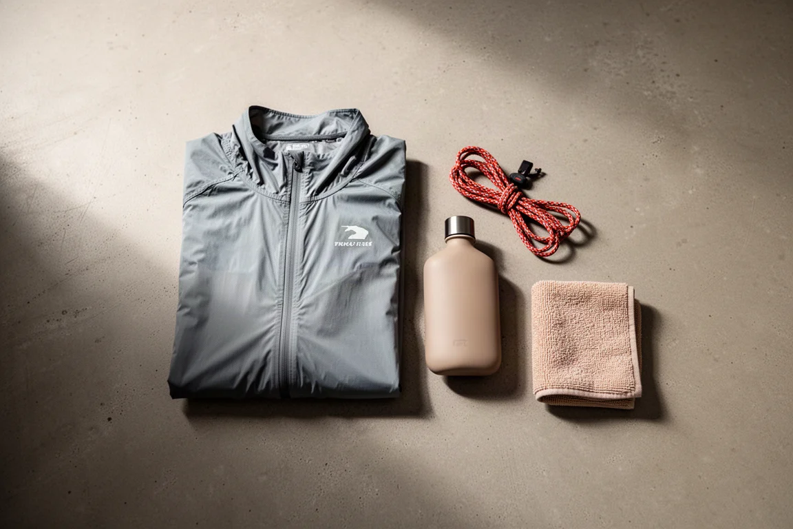 Top-down flat-lay of trail running gear on a concrete floor