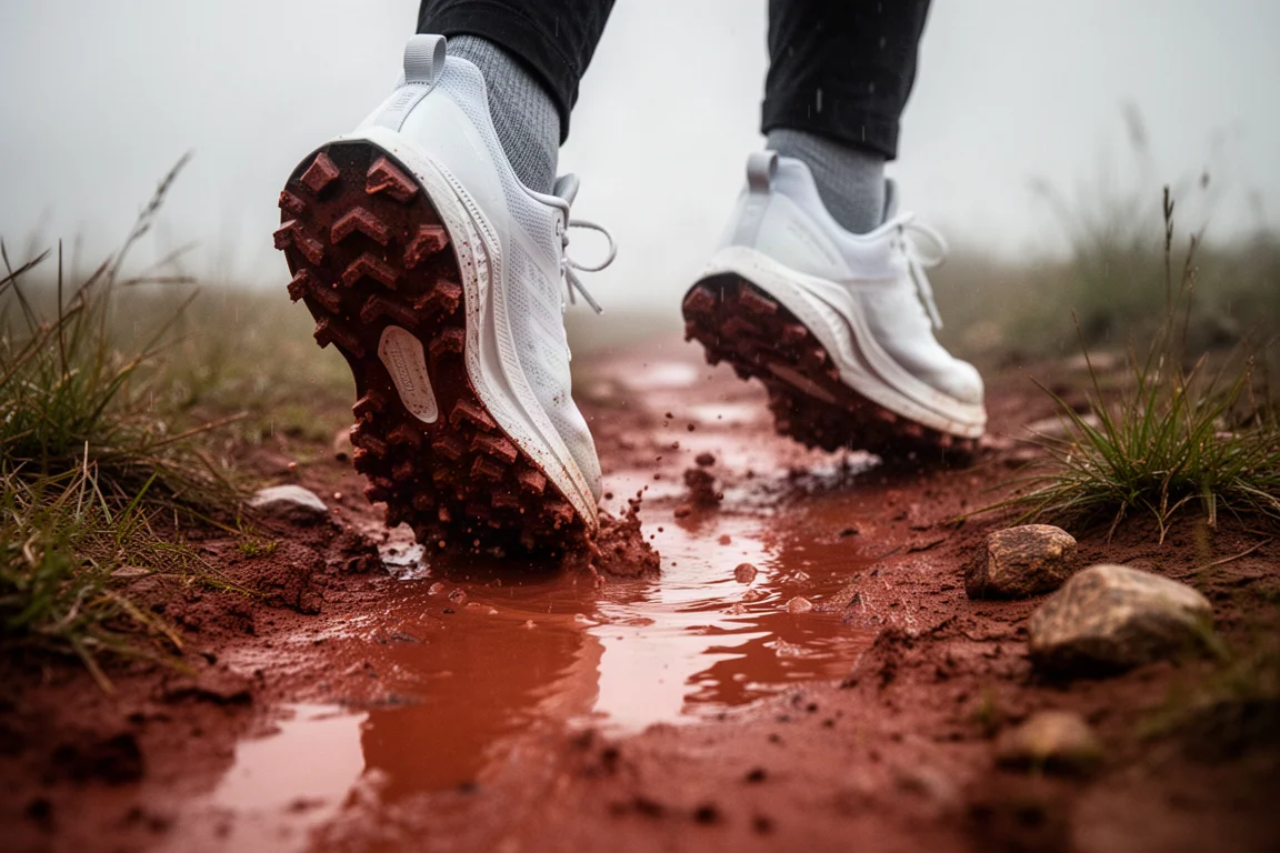 Piedi di un trail runner su un sentiero fangoso di terra rossa dopo la pioggia