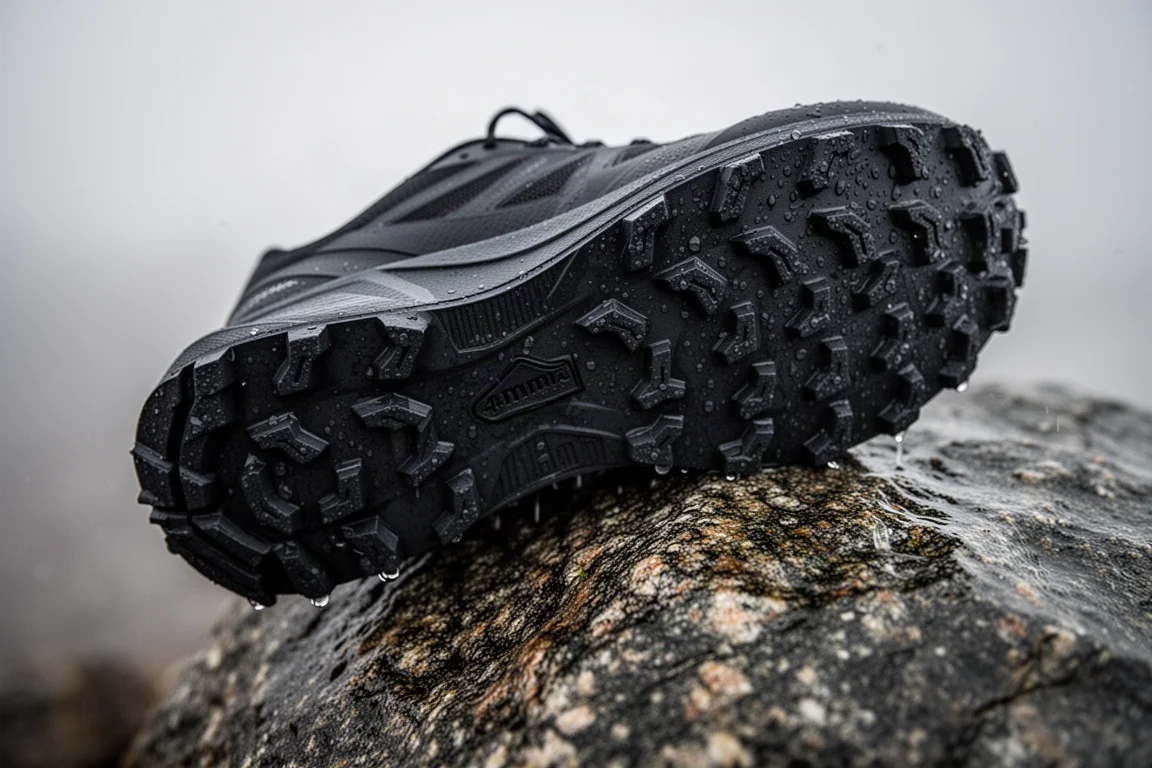 Tacchetti profondi in gomma della suola esterna di una scarpa da trail su roccia bagnata