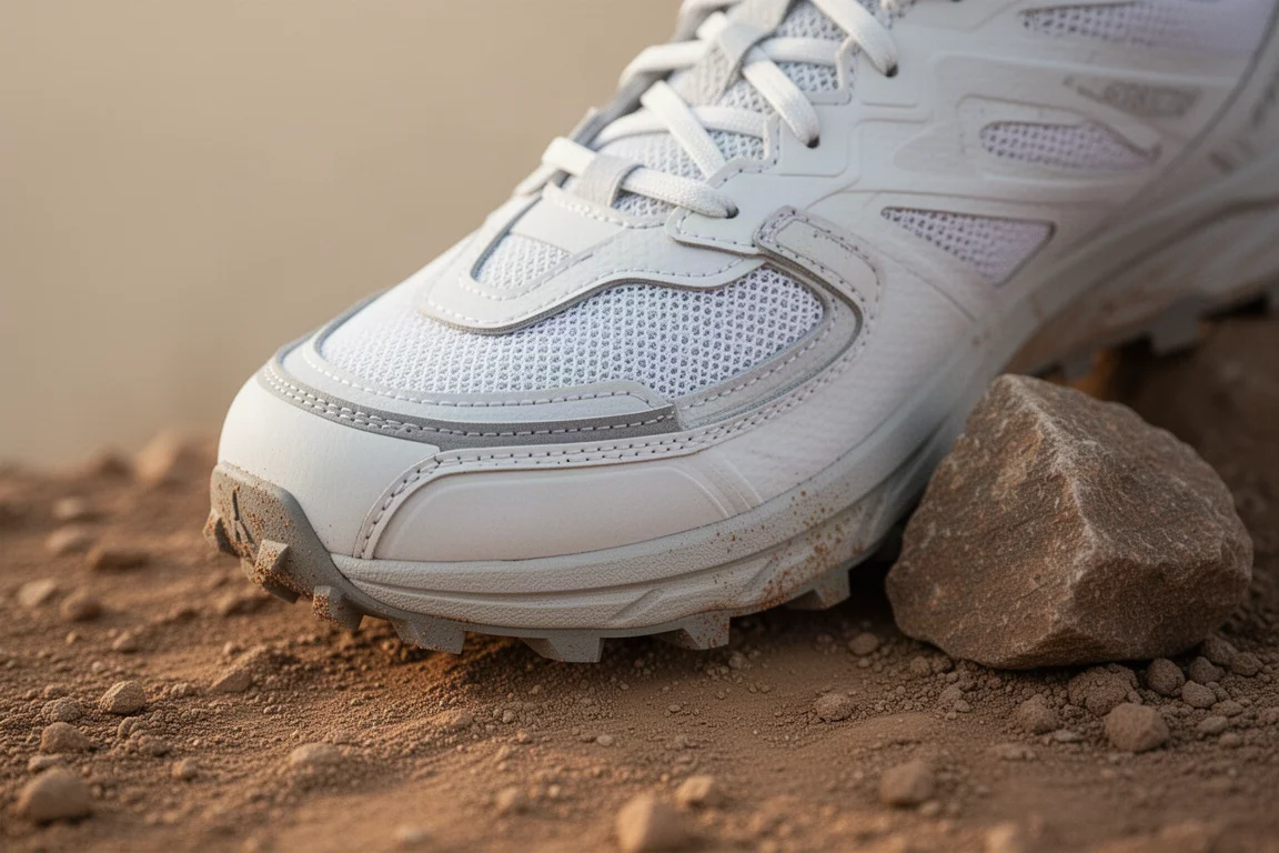 Rinforzo solido delle dita di una scarpa da trail running su sentiero di terra