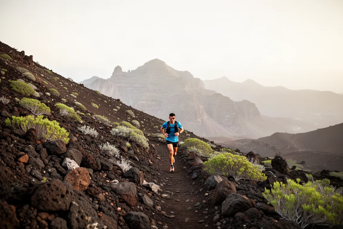 Trailrunnerin bewegt sich auf einem steinigen Bergpfad in Gran Canaria
