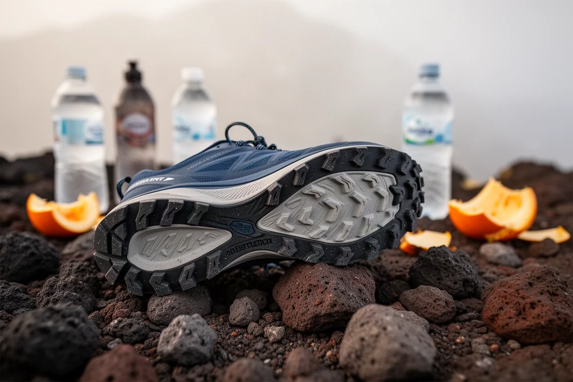 Nahaufnahme von Trailrunningschuhen am steinigen Boden einer Verpflegungsstation