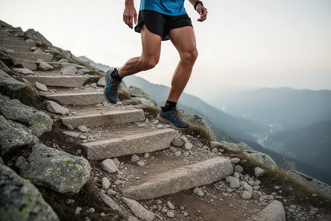 Trail runner che affronta un tratto roccioso in singletrack con luce morbida