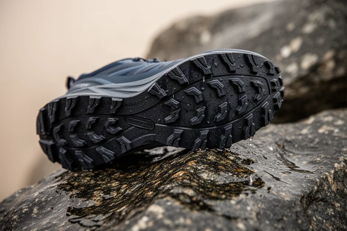 Primo piano di una suola da trail profondamente tassellata su roccia bagnata