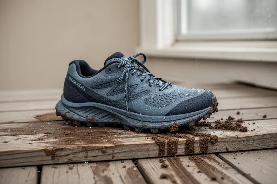 Singola scarpa da trail appoggiata su un gradino di legno dopo una corsa fangosa