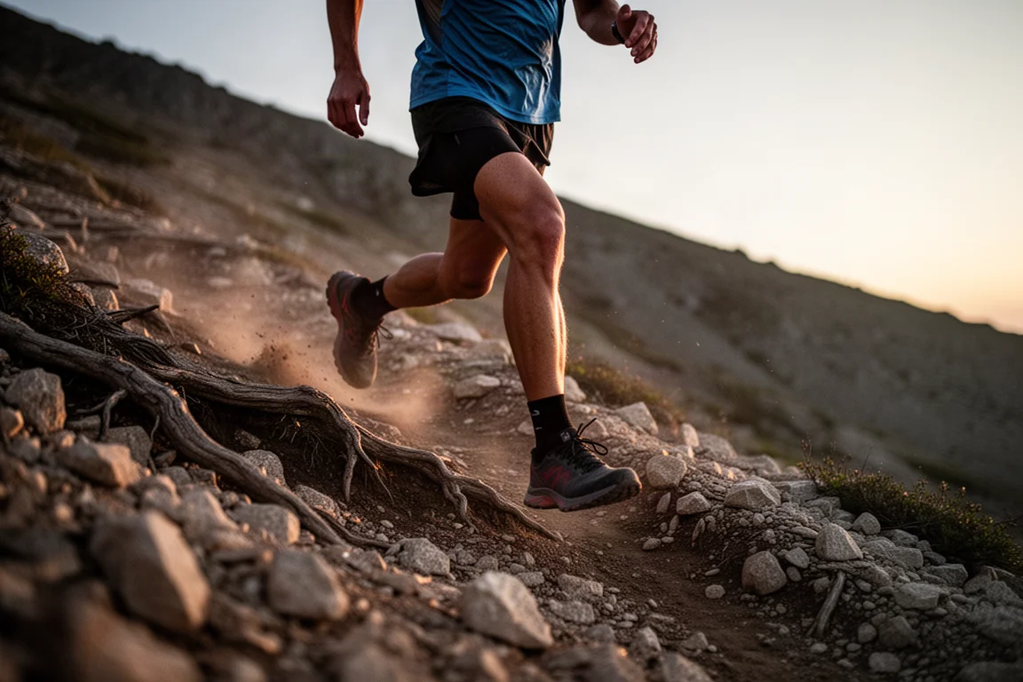 Runner in discesa su un sentiero tecnico e ripido al tramonto
