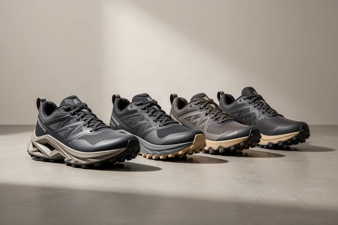 Four North Face Vectiv trail running shoes arranged in a row on concrete