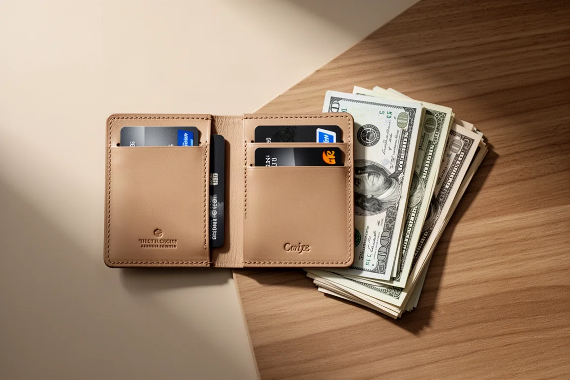 テーブルの上で、カードと折りたたんだ紙幣が詰まった財布のポケット
