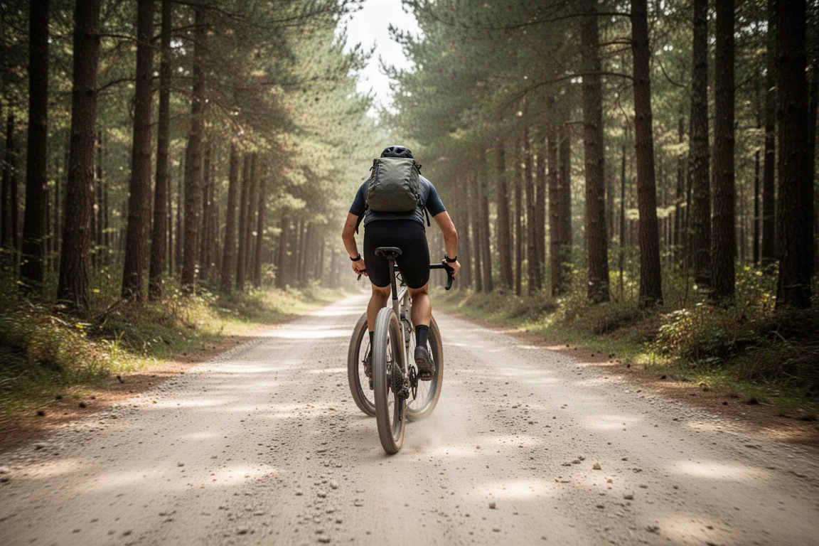 Rowerzysta jadący rowerem gravelowym szeroką leśną drogą w łagodnym świetle dnia