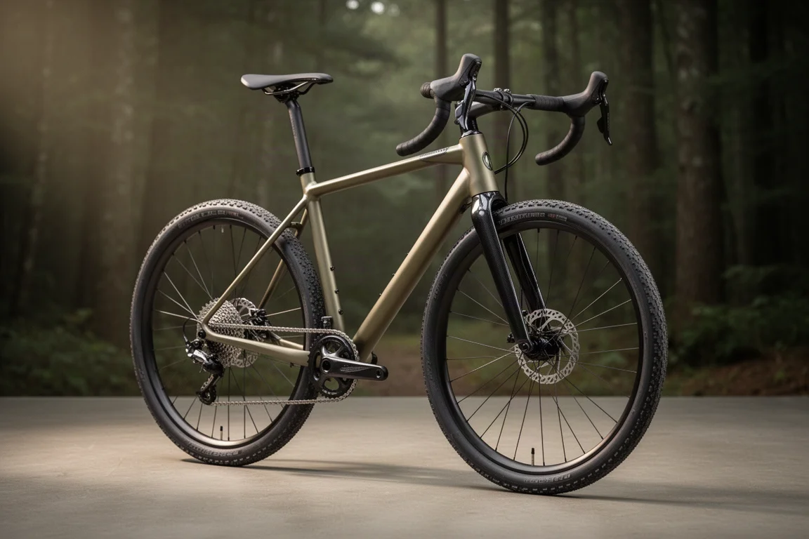 Bici gravel in alluminio con forcella in carbonio e manubrio drop appoggiata su una superficie in cemento