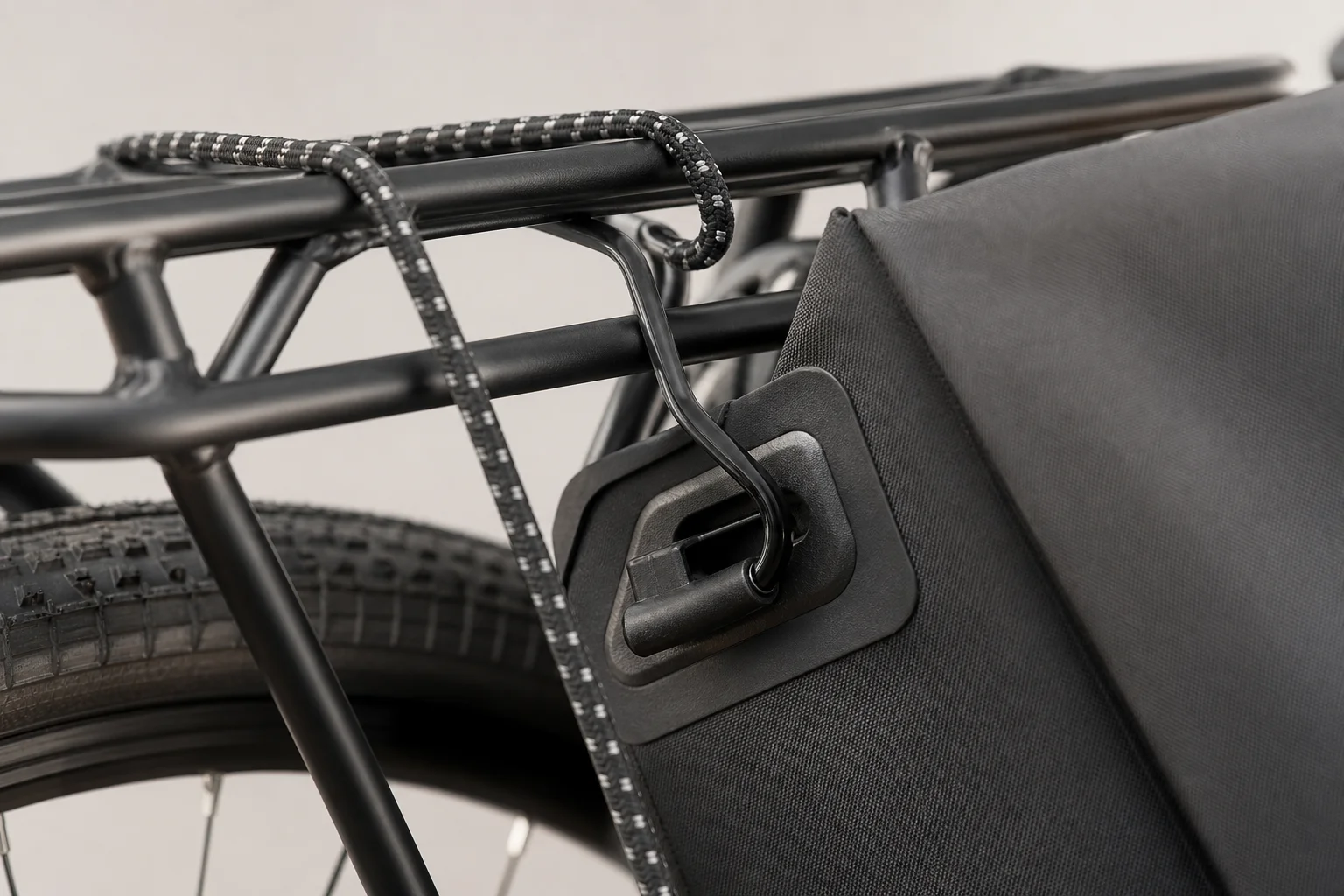 Gros plan sur le système de fixation par crochets et sandow sur un porte-bagages