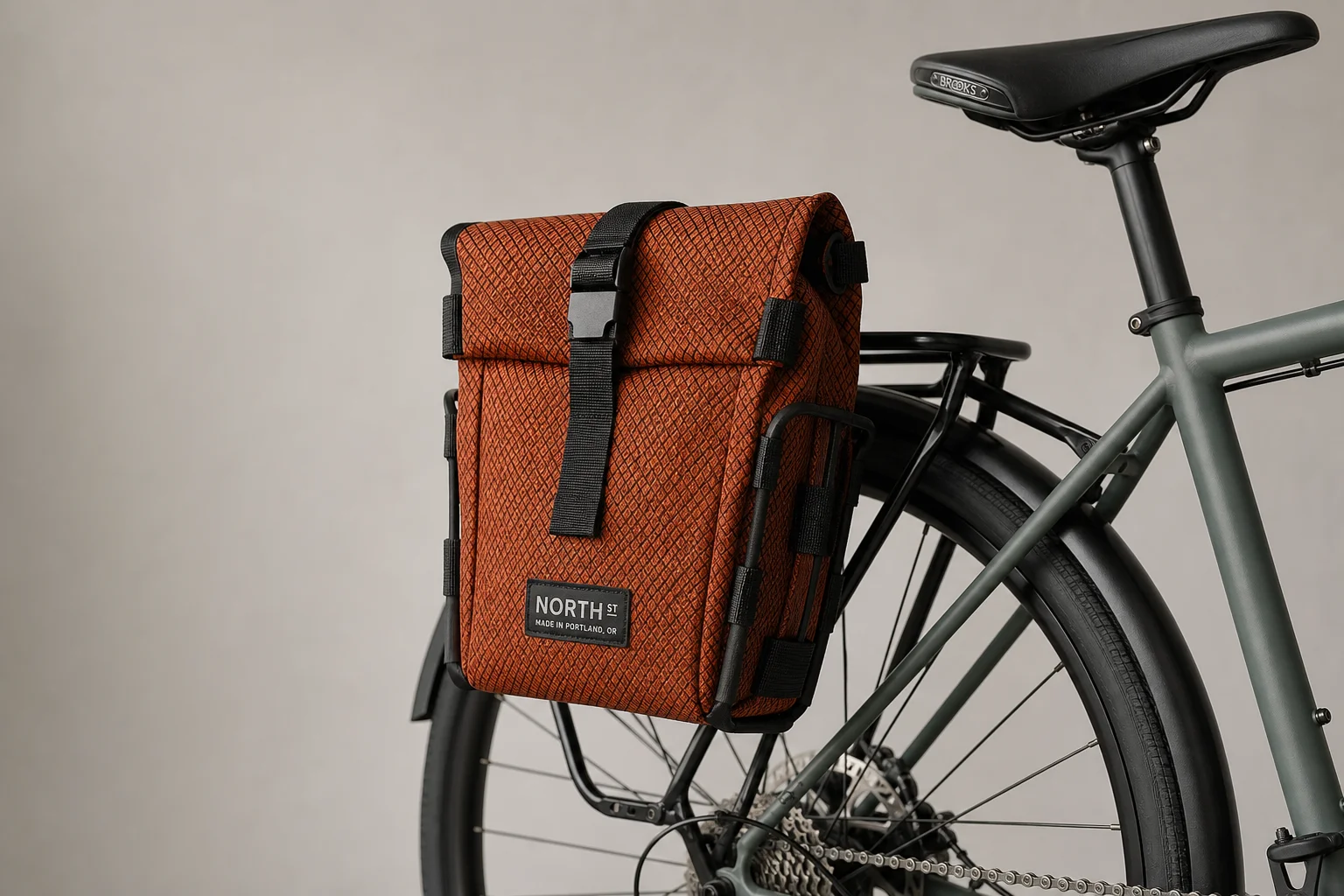 Borsa North St. Bags Commuter Micro Pannier color ruggine montata sul portapacchi posteriore di una bicicletta