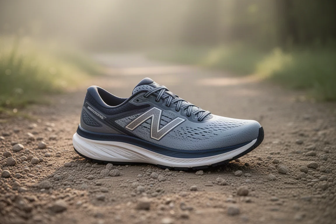 High-stack hybrid running shoe resting on a gravel path at the edge of a trail