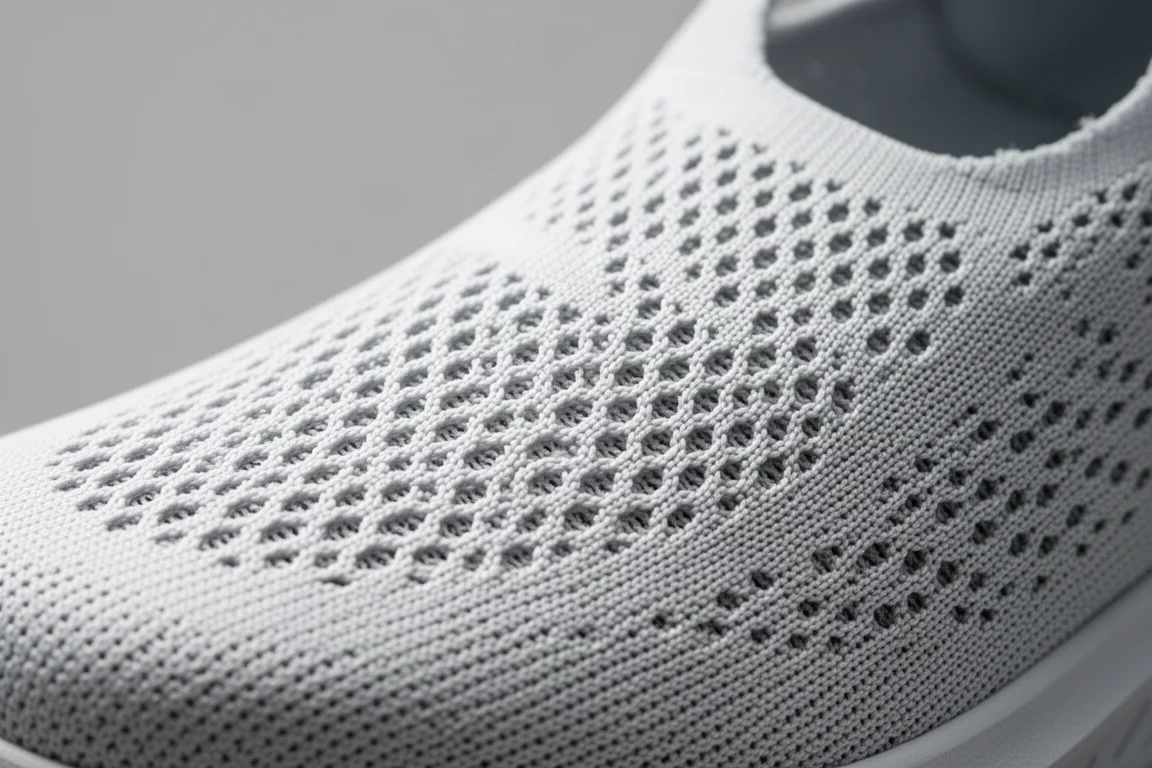 Close-up of an engineered mesh upper showing its open weave and relaxed forefoot shape