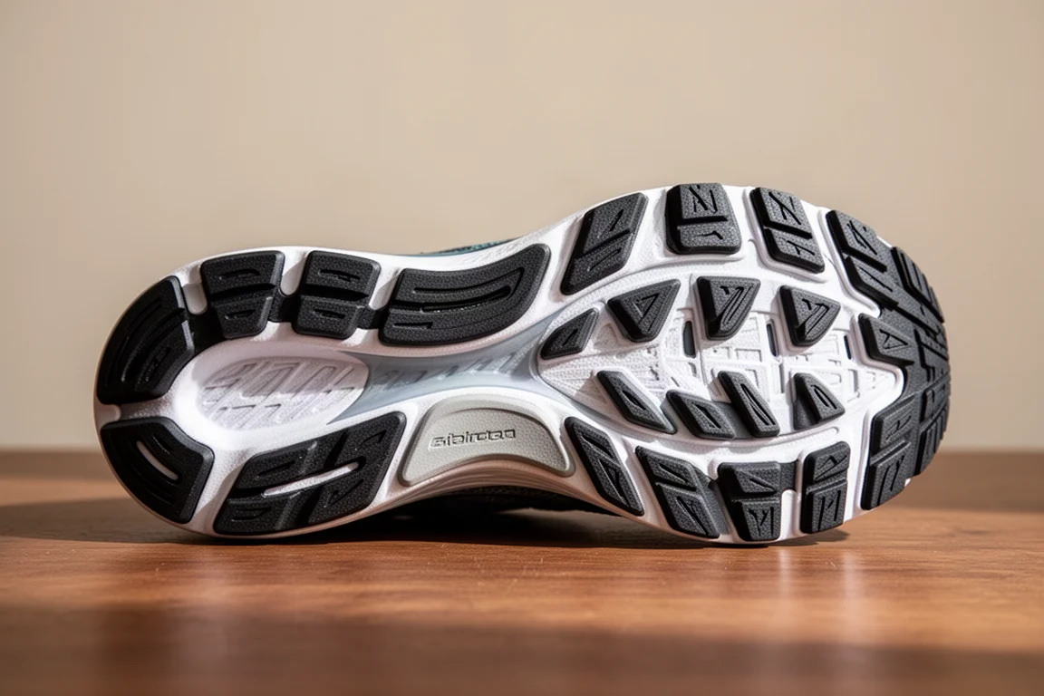 Detail of a hybrid outsole with sharp lugs designed for light trail and road use