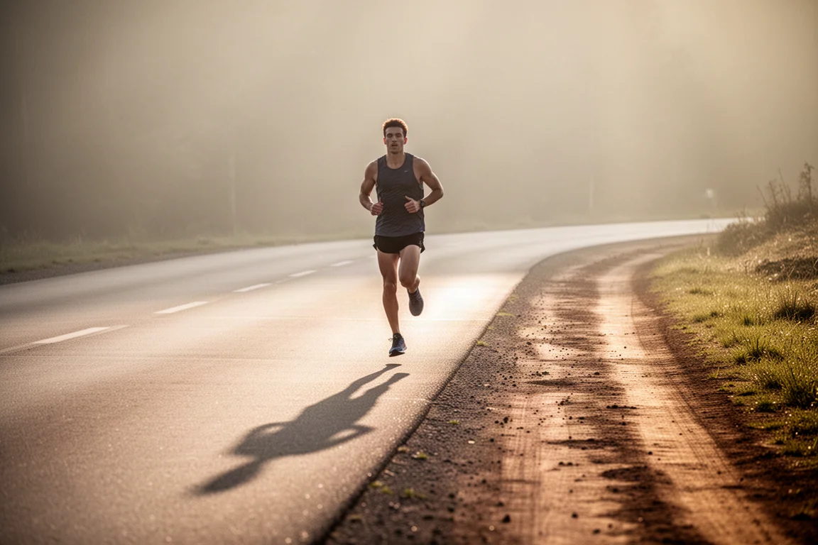 Runner moving along a paved road transitioning onto a light trail at golden hour