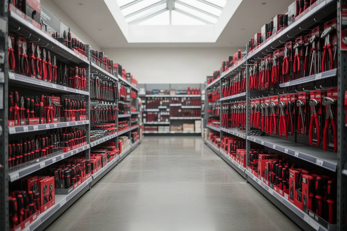 Workshop shelf at a hardware store with rows of hand tools in packaging