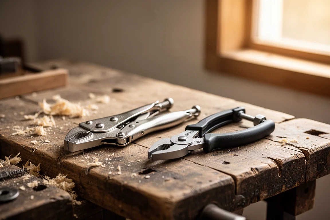 Compact locking pliers resting on a wooden workbench beside a keyring
