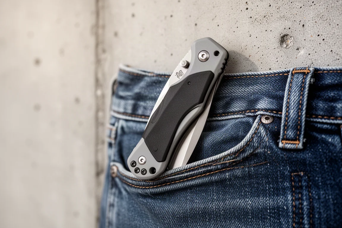 Lightweight folding pocket knife clipped into a jeans pocket