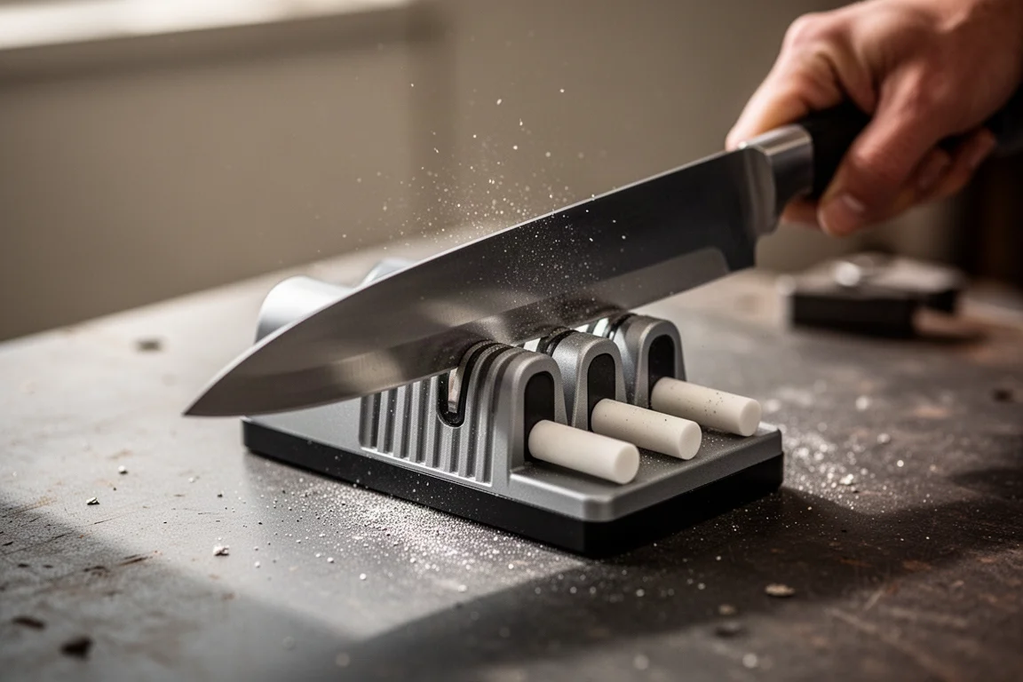 Pocket knife being sharpened on a small field sharpening stone