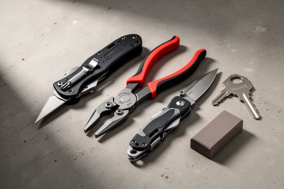 Flat-lay di strumenti everyday carry tra cui pinze, coltelli e un affilatore sul cemento