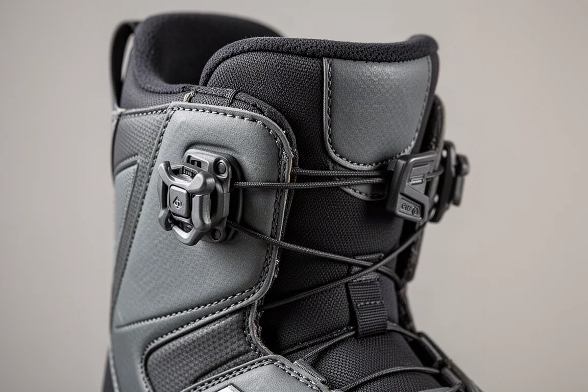 Bovenwerk van een snowboardschoen met Speedlace-sluitingen in detailopname