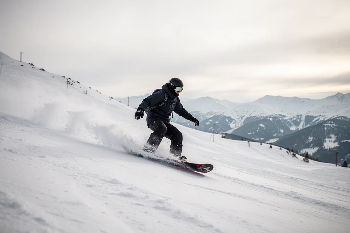 Snowboarder die snel een open alpenhelling afdaalt