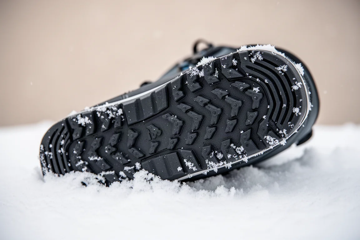 Profiel van de buitenzool van een snowboardschoen in close-up op sneeuw