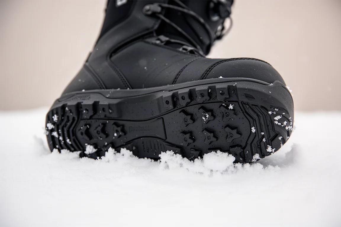 Suela de goma de perfil bajo de una bota de snowboard sobre suelo nevado