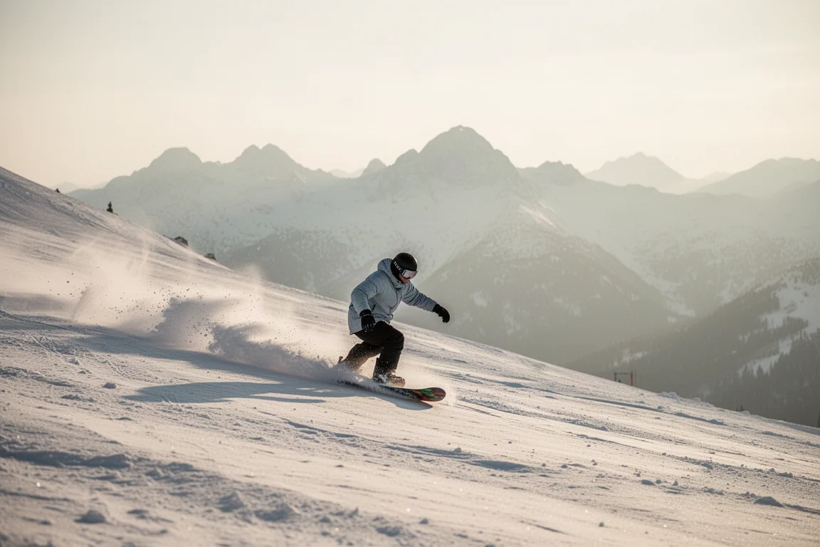 Snowboarder bajando por una ladera nevada con luz suave