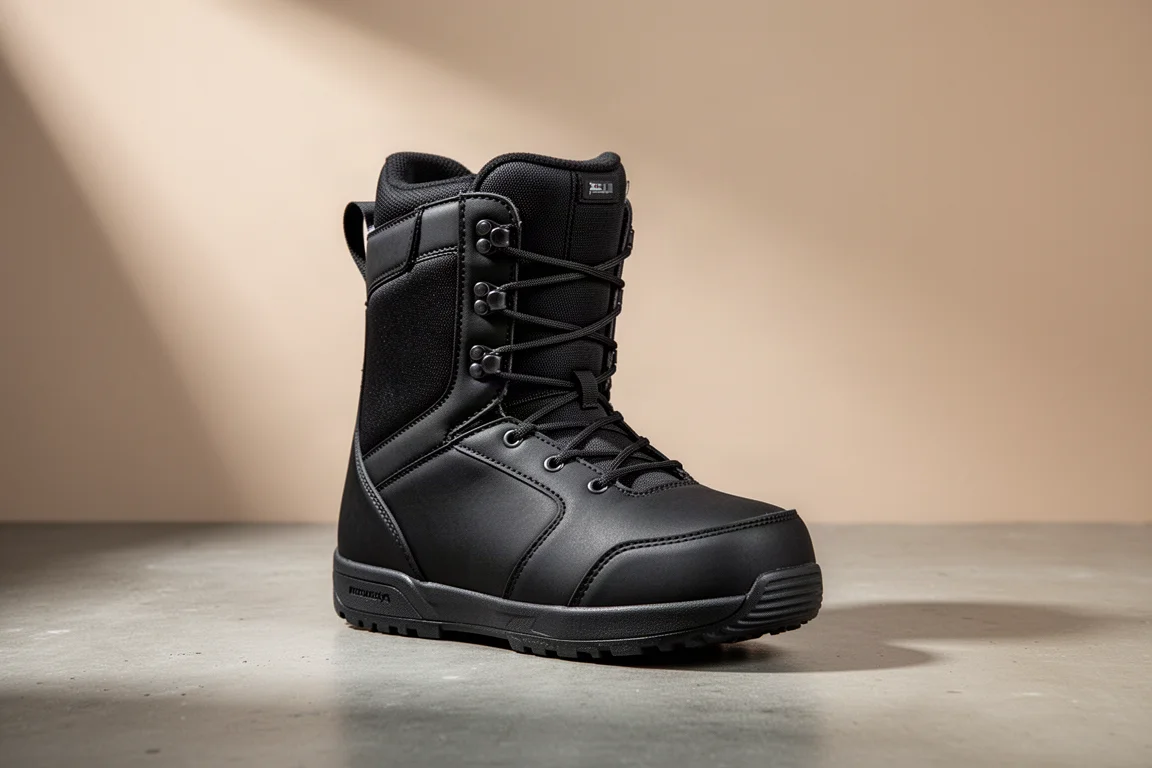Bota de snowboard preta fotografada em ângulo de três quartos sobre concreto