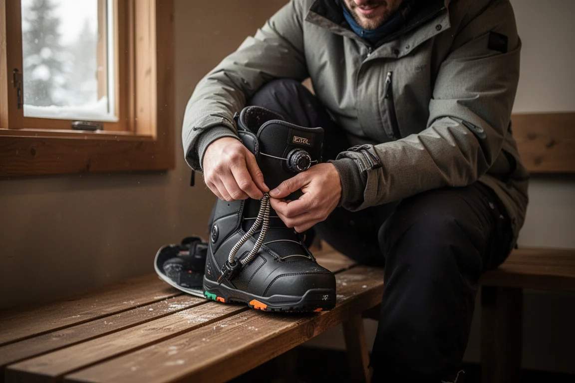 Snowboarder dreht ein Drehrad am Bootsschaft vor einer Abfahrt zu