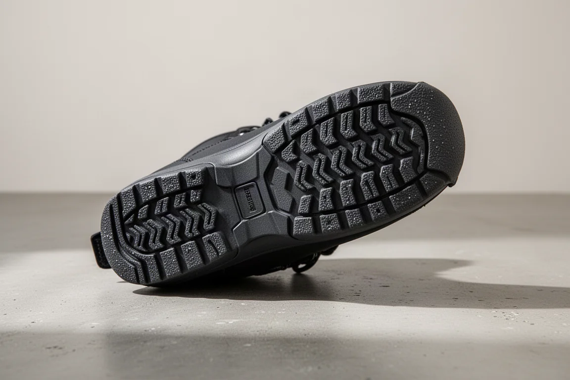 Tief profilierte Gummisohle eines Snowboardboots in der Ansicht