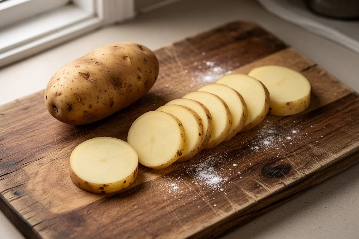 Frisch geschnittene Kartoffelscheiben und eine ganze Kartoffel auf einem Holzbrett neben einem Messer