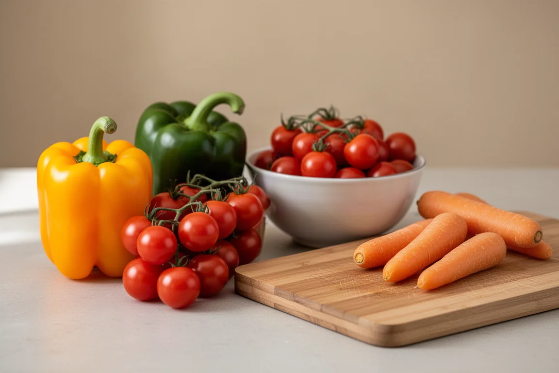 Gemüse inklusive Paprika und Kirschtomaten, arrangiert auf einer Küchenanrichte