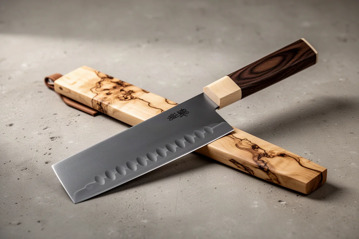 Tall nakiri knife with walnut handle and saya sheath on concrete surface