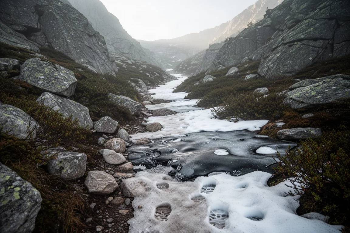 Trilha de caminhada diurna nas montanhas rochosas com trechos de neve e gelo na luz do início da manhã
