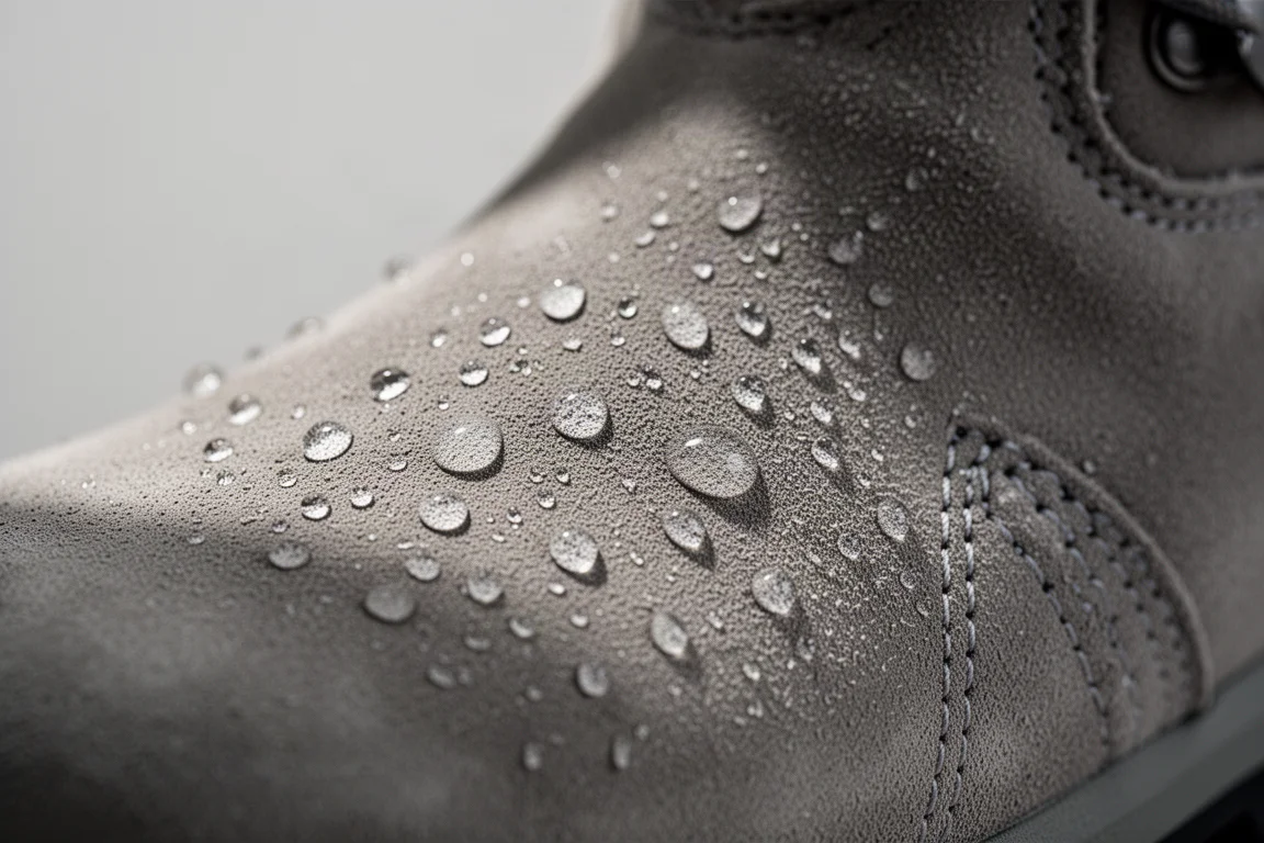Close-up de gotas de água na parte superior de camurça de uma bota de trilha cano alto