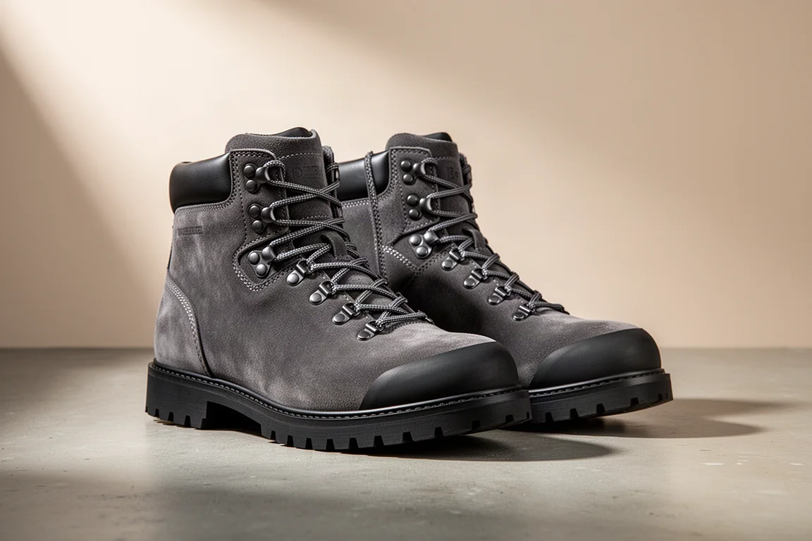 High-top suede hiking boots with black rubber outsole on a concrete surface