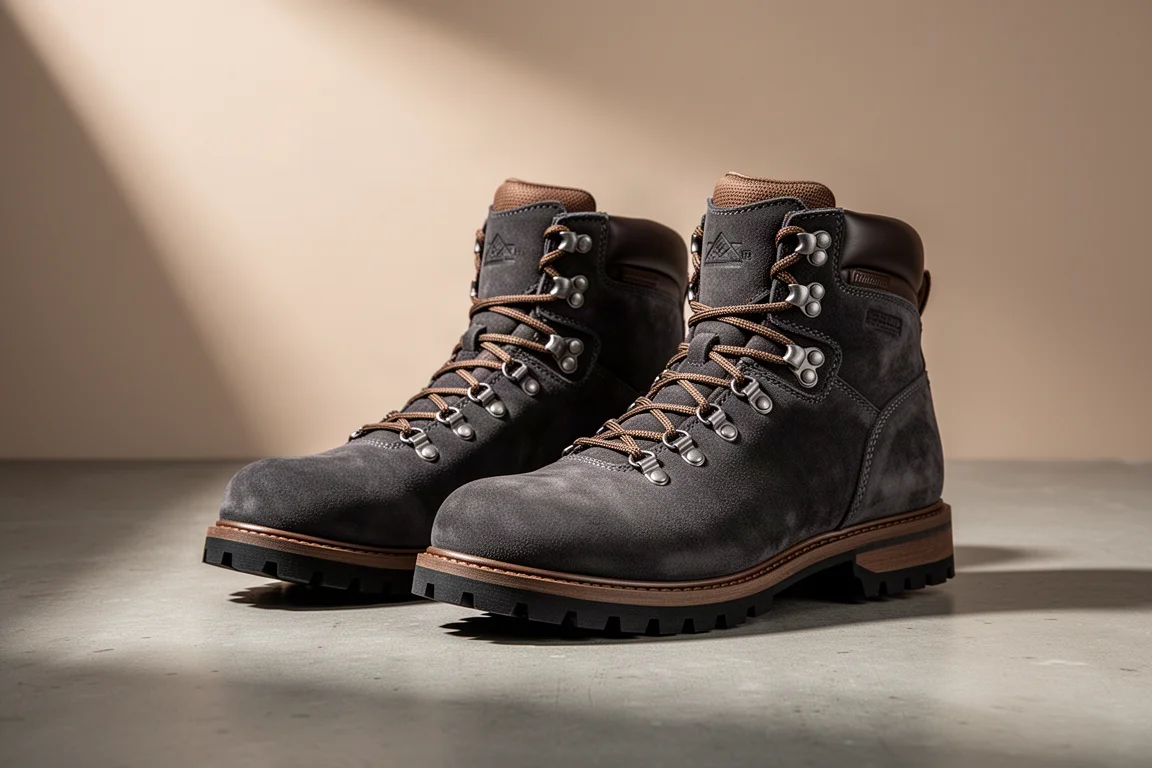 Pair of dark suede high-top hiking boots with lugged rubber soles on concrete