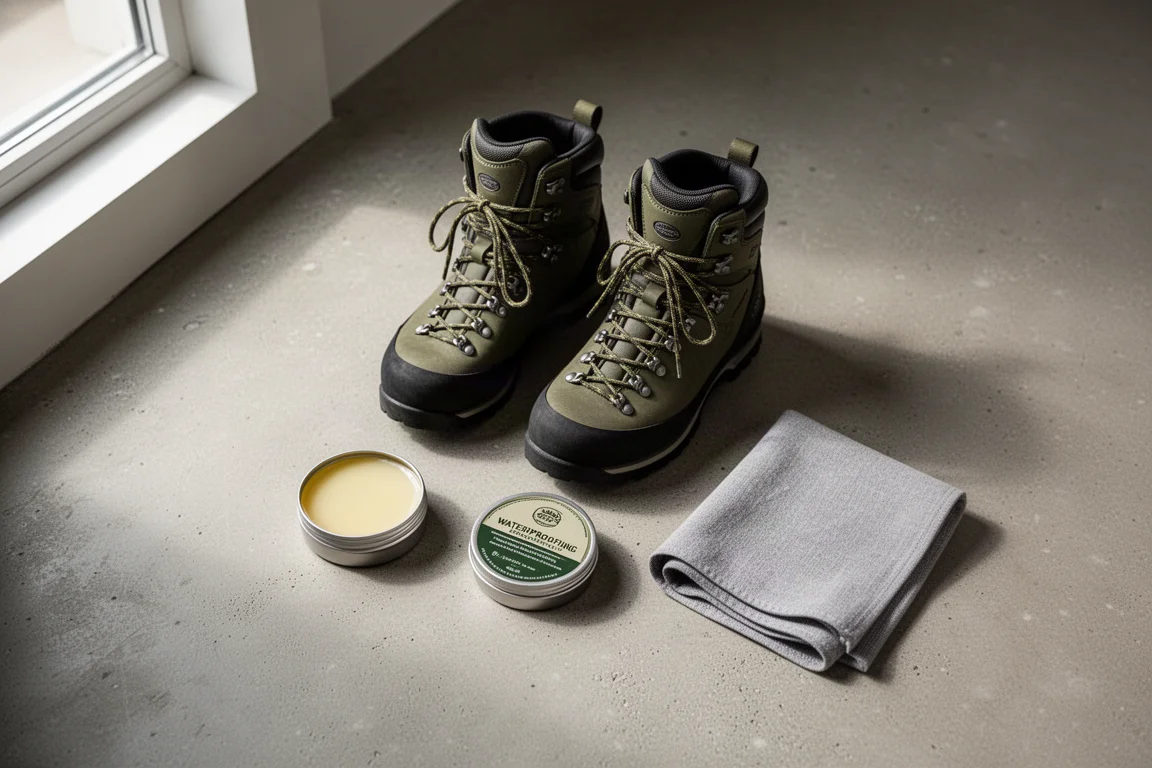 Botas de trilha e uma lata de tratamento com cera dispostas em um piso de concreto