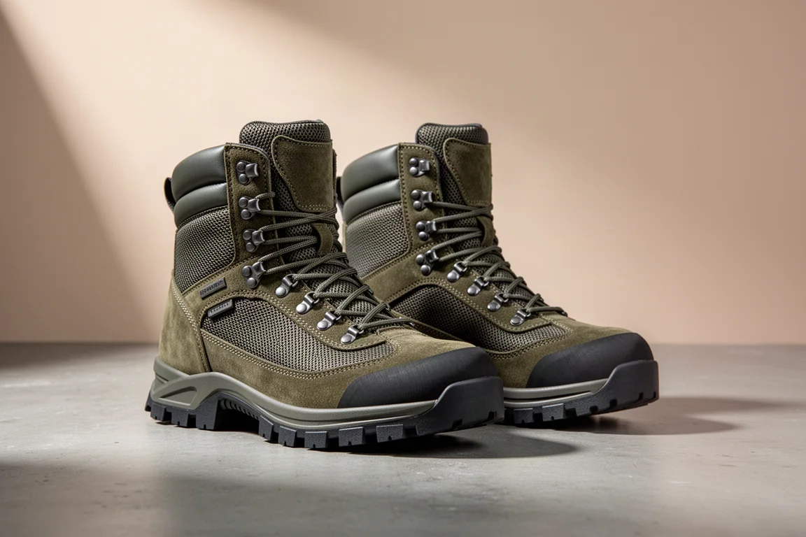 Olive suede and mesh full-height hiking boots with lugged rubber soles on concrete