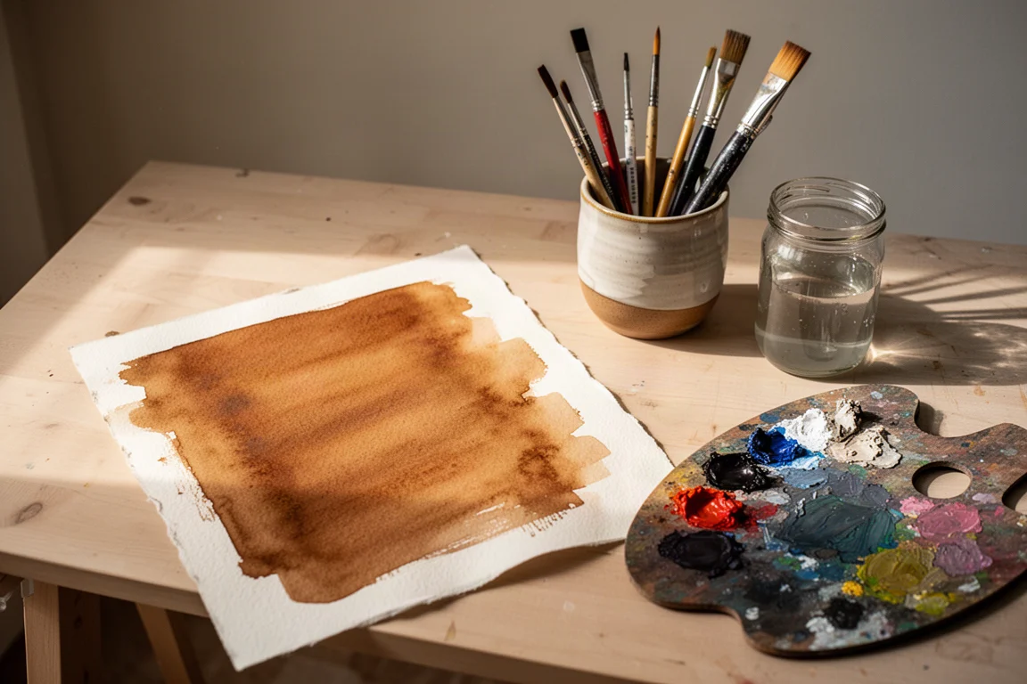 Escritorio de estudio de arte con papel de acuarela, pinceles y una veladura de acuarela secándose