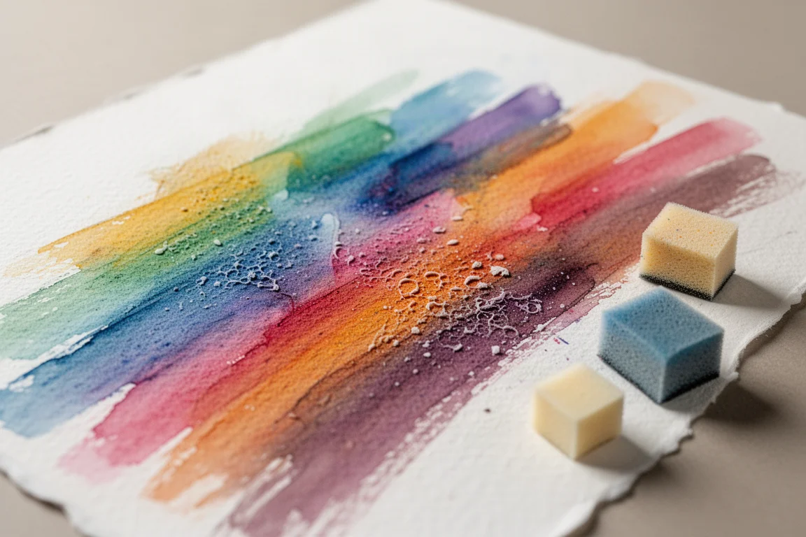 Primer plano de trazos de pastel al óleo difuminándose sobre papel de acuarela rugoso